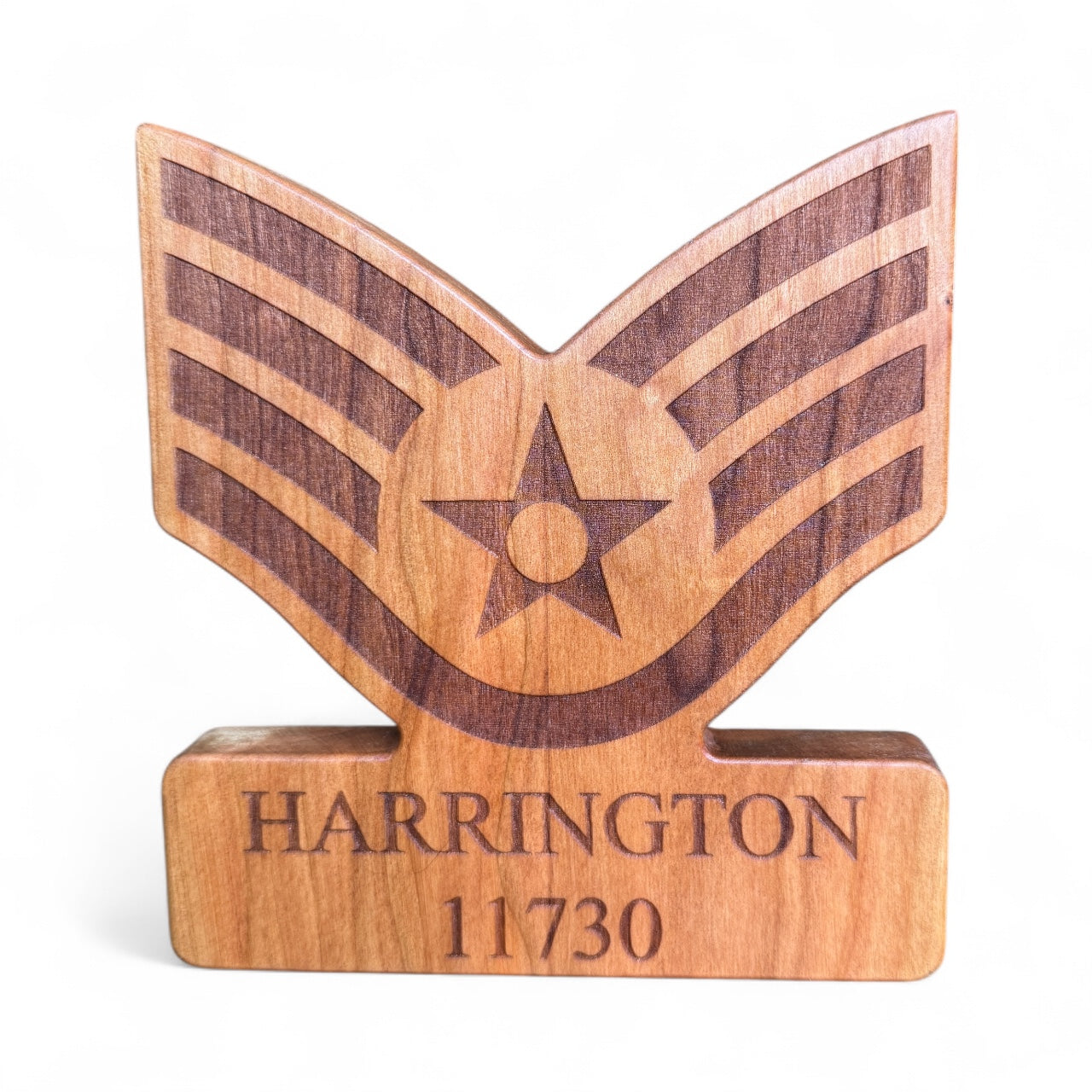 Air Force Enlisted Rank Promotion Gift – Custom Cut and Engraved Cherry Wood