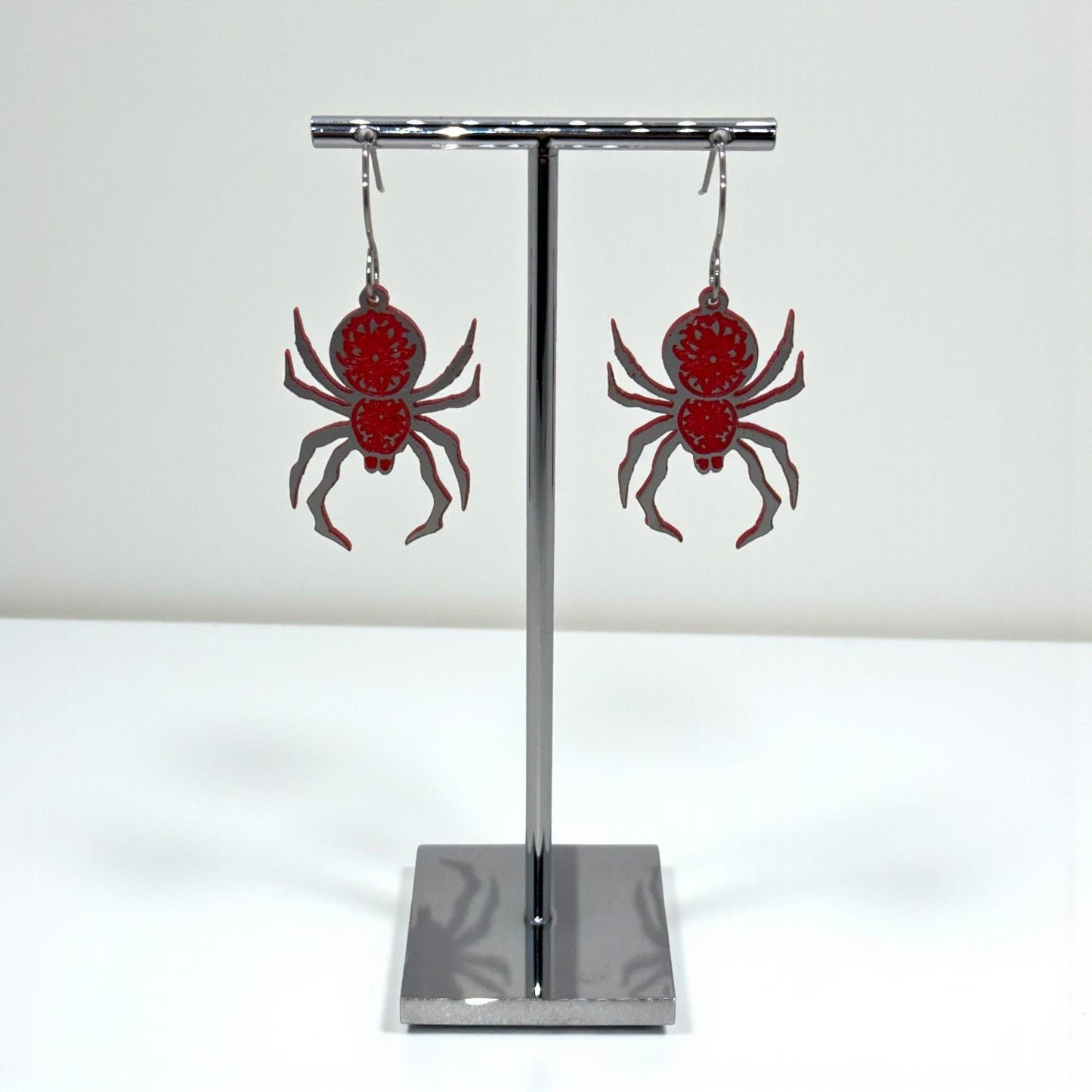 Spider Earrings – Dual Layer Acrylic | Silver Engraved to Red or Black | Lightweight & Hypoallergenic (Red)