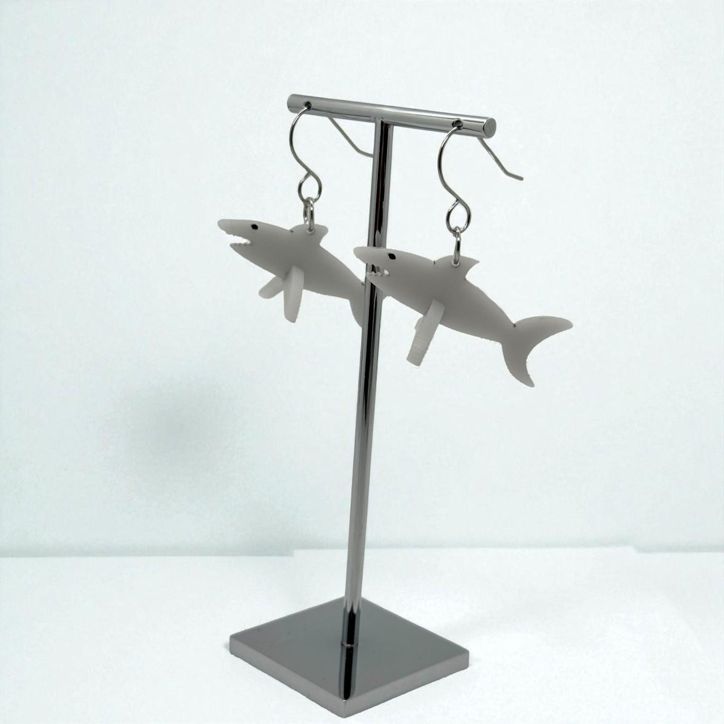 Handmade Light Grey Acrylic Shark Earrings: Hypoallergenic Sea Life Jewelry