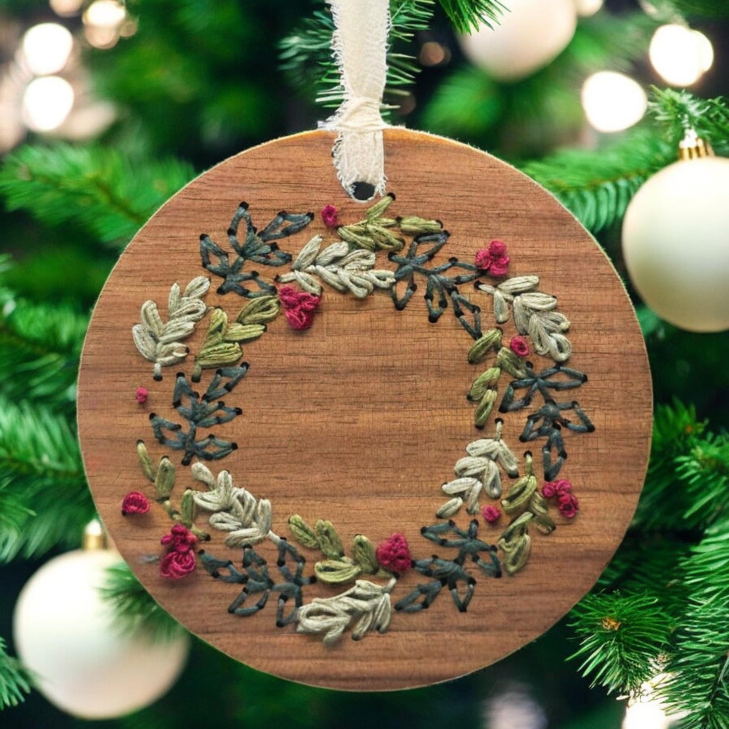 DIY Embroidery Kit | Wood Christmas Ornament | Family Craft Gift | Fancy Wreath