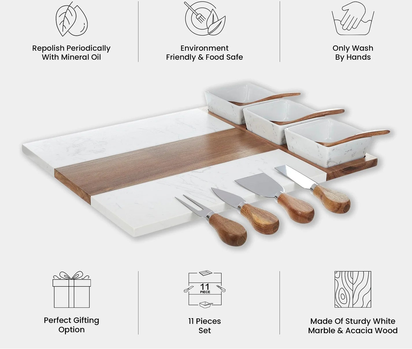 Personalized Marble and Acacia Wood Charcuterie Board – 11-Piece Gift Set