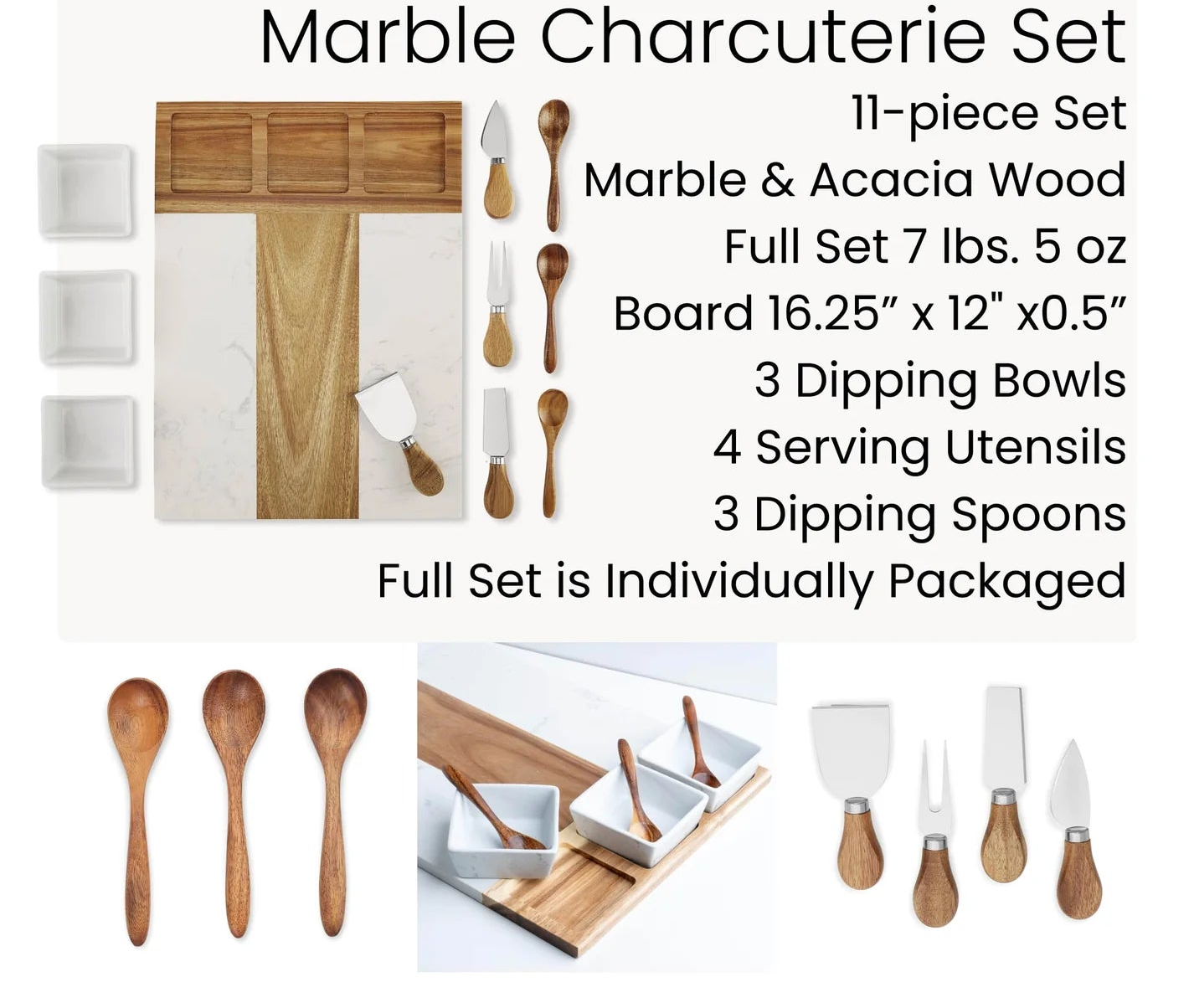 Personalized Marble and Acacia Wood Charcuterie Board – 11-Piece Gift Set