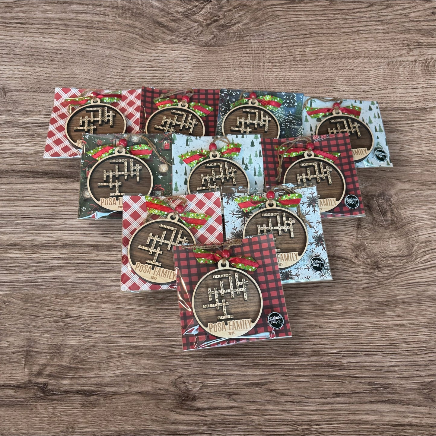 Personalized Family Crossword Ornament – Walnut & Maple Wood, Custom Names + Year