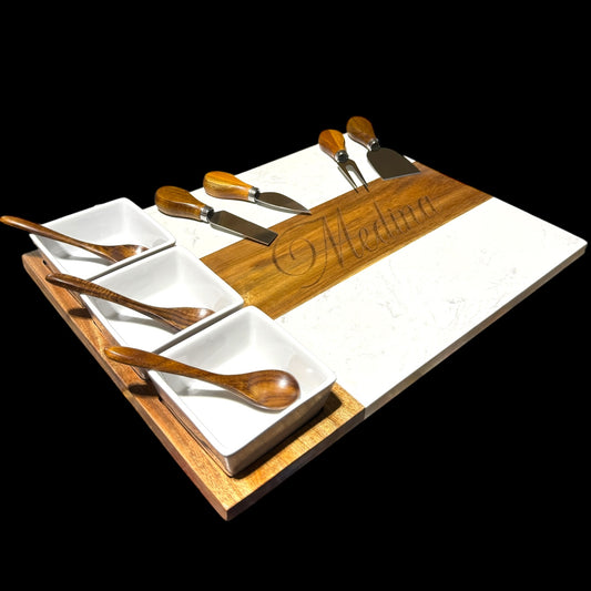 Personalized Marble and Acacia Wood Charcuterie Board – 11-Piece Gift Set