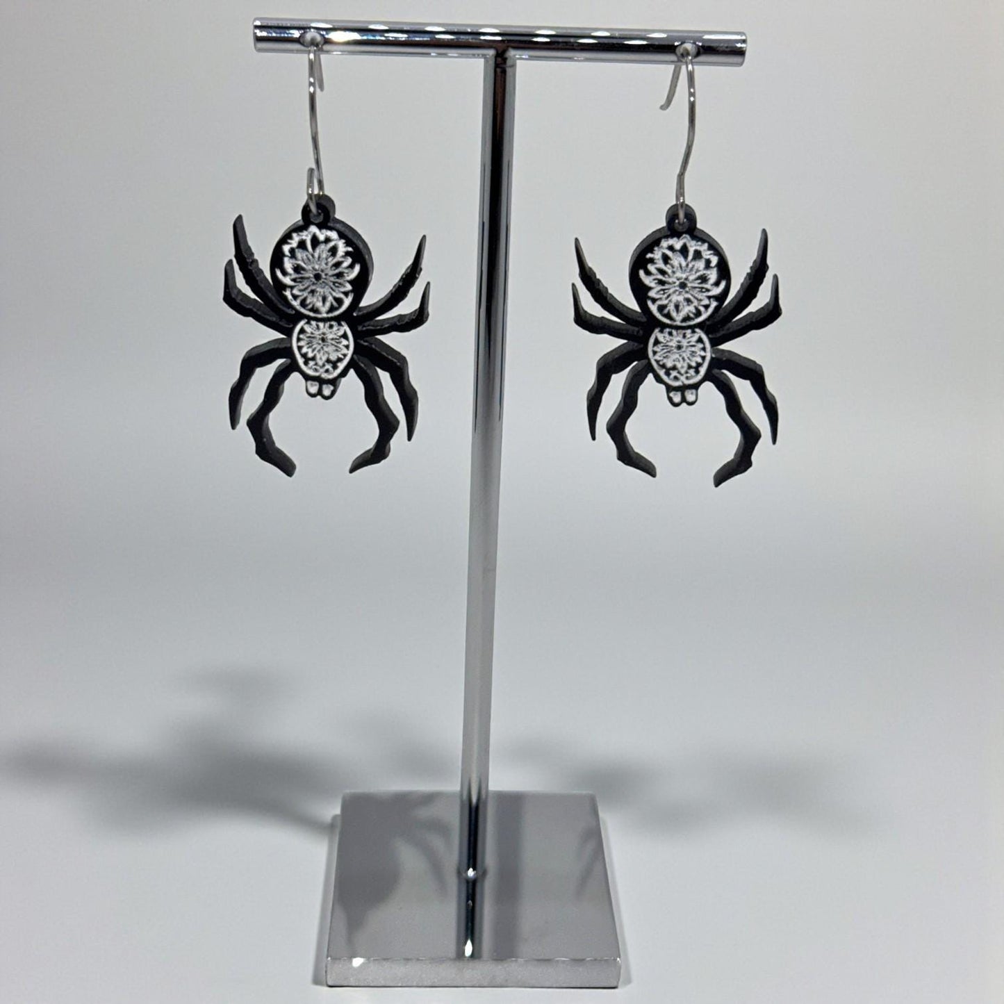 Spider Earrings – Black Acrylic with White Paint Fill | Handcrafted & Hypoallergenic | Lightweight Gothic Jewelry