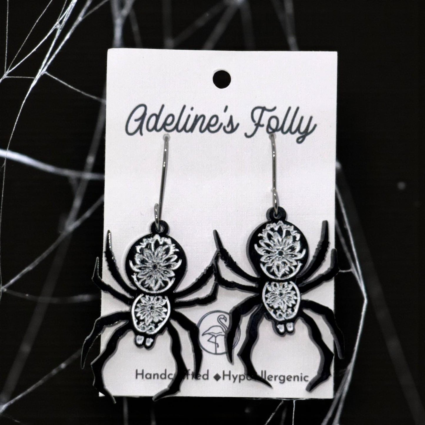 Spider Earrings – Black Acrylic with White Paint Fill | Handcrafted & Hypoallergenic | Lightweight Gothic Jewelry