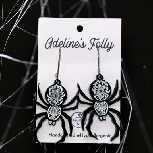 Spider Earrings – Black Acrylic with White Paint Fill | Handcrafted & Hypoallergenic | Lightweight Gothic Jewelry