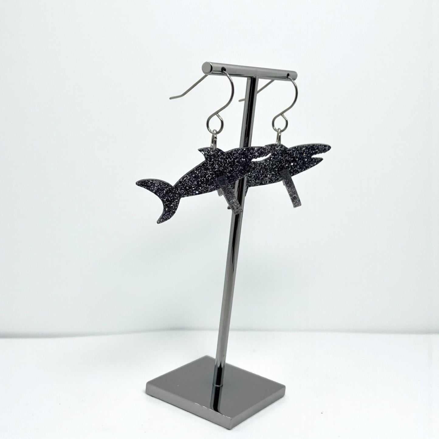Glitter Shark Earrings: Slate Grey Acrylic Ocean Jewelry