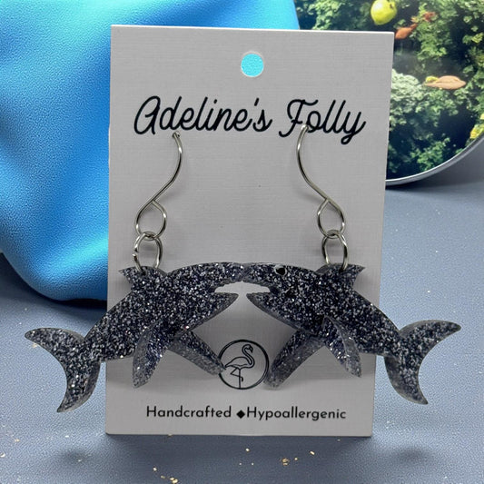 Glitter Shark Earrings: Slate Grey Acrylic Ocean Jewelry