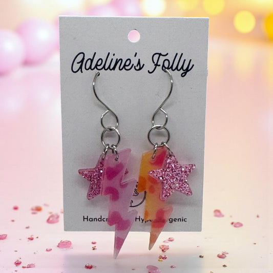 Neon Leopard Lightning Bolt Earrings: 90s Acrylic Star Jewelry