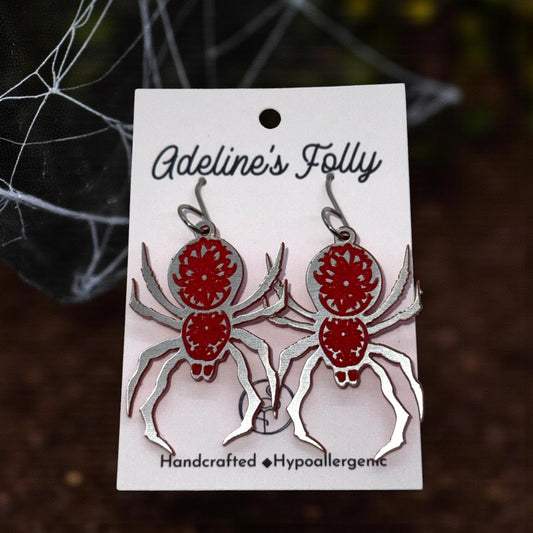 Spider Earrings – Dual Layer Acrylic | Silver Engraved to Red or Black | Lightweight & Hypoallergenic (Red)