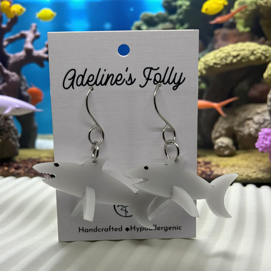 Handmade Light Grey Acrylic Shark Earrings: Hypoallergenic Sea Life Jewelry