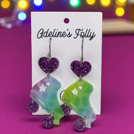 Lisa Frank Inspired Roller Skate Earrings: Neon Leopard Print, Handmade