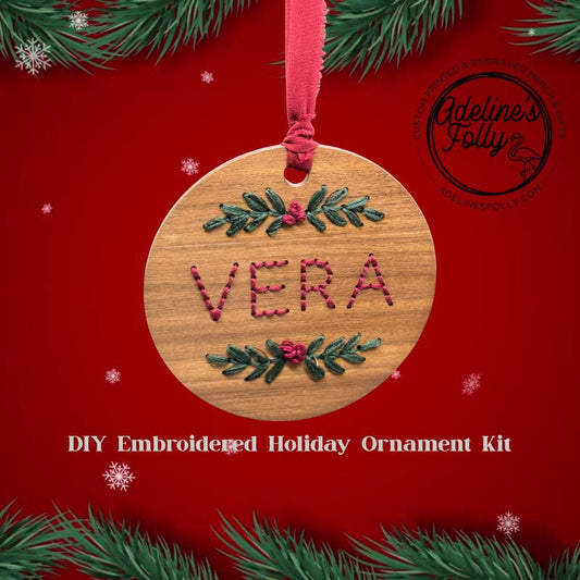 DIY Embroidery Kit | Wood Christmas Ornament | Family Craft Gift | Wreath Swag Greenery