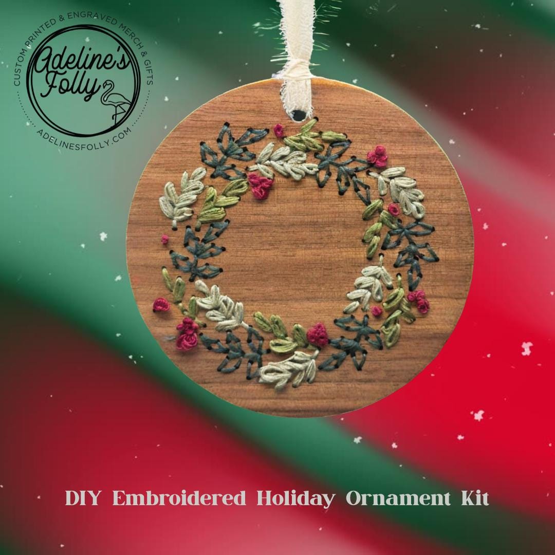DIY Embroidery Kit | Wood Christmas Ornament | Family Craft Gift | Fancy Wreath
