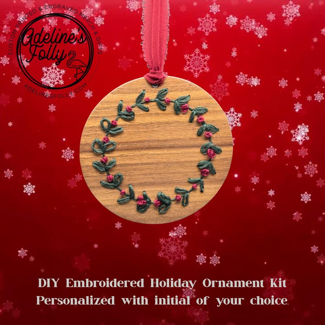 DIY Embroidery Kit | Wood Christmas Ornament | Family Craft Gift | Simple Wreath