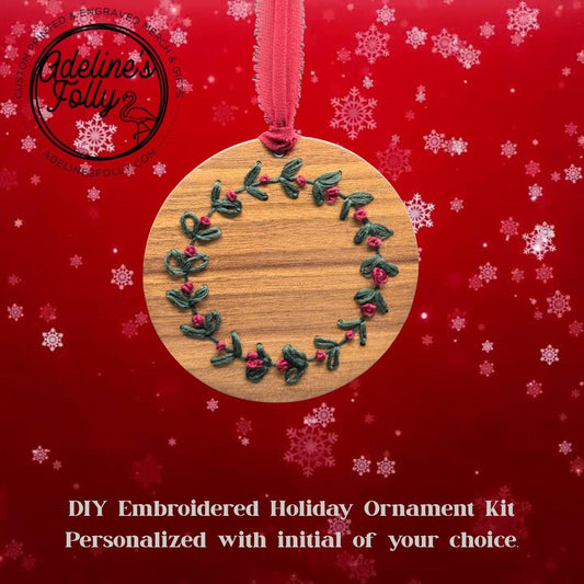 DIY Embroidery Kit | Wood Christmas Ornament | Family Craft Gift | Simple Wreath