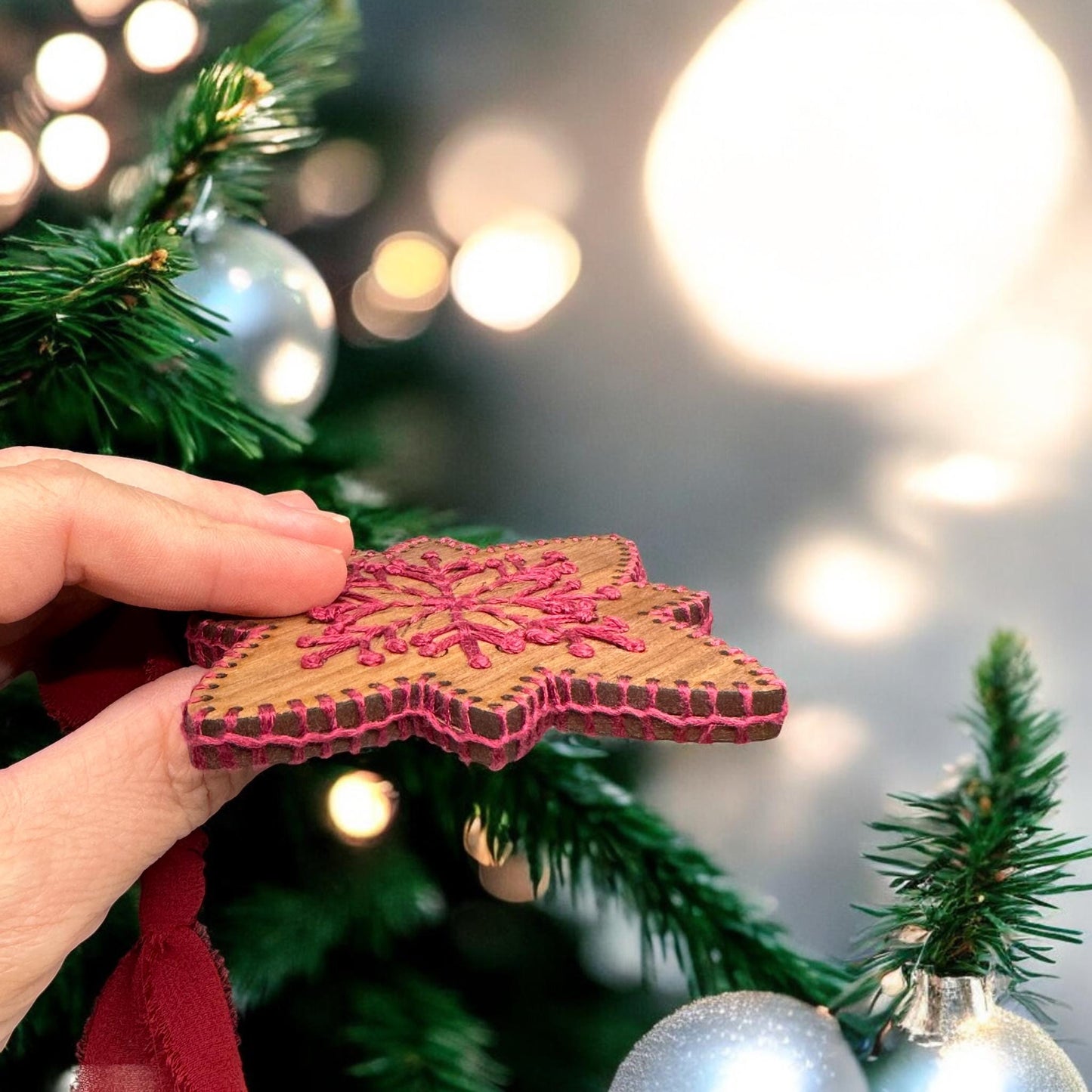 Snowflake #1 Wood DIY Embroidery Kit | 4″ Walnut Snowflake Cutout with Floss + Needle