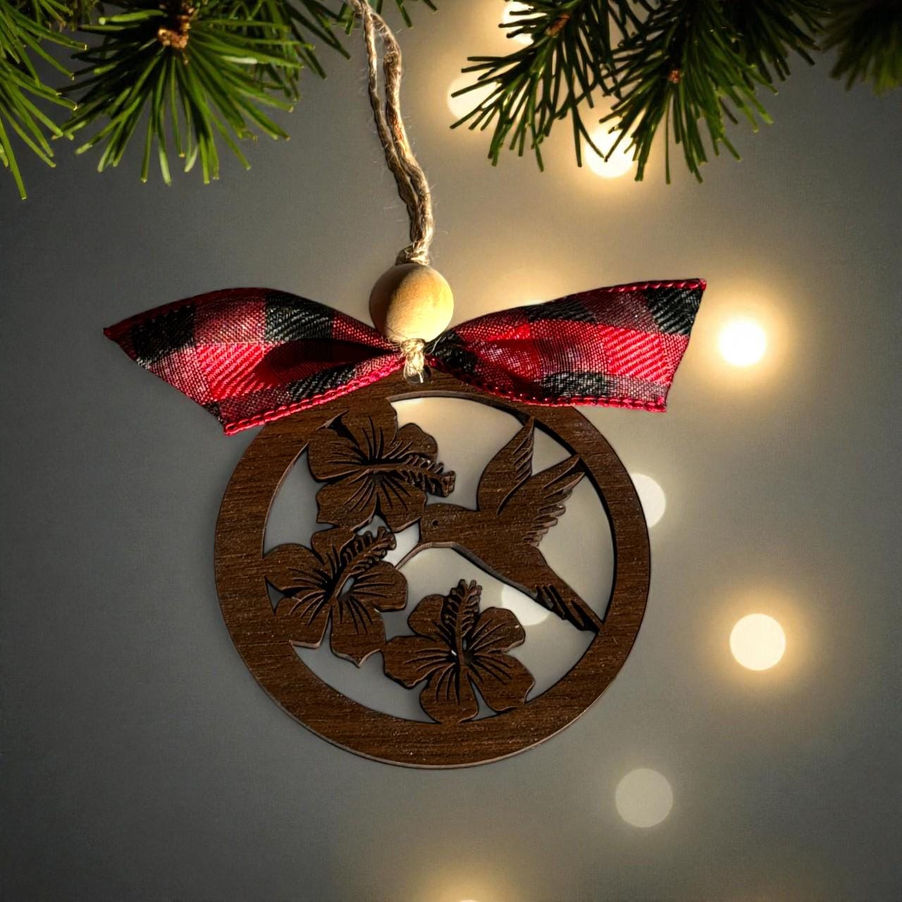 Hummingbird and Hibiscus Ornament – Walnut Wood Ornament, Nature Lover Gift, Bird Christmas Decor, Rustic Holiday Ornament