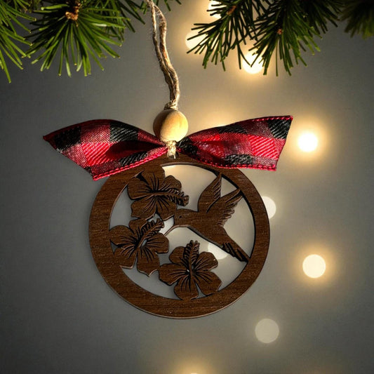 Hummingbird and Hibiscus Ornament – Walnut Wood Ornament, Nature Lover Gift, Bird Christmas Decor, Rustic Holiday Ornament