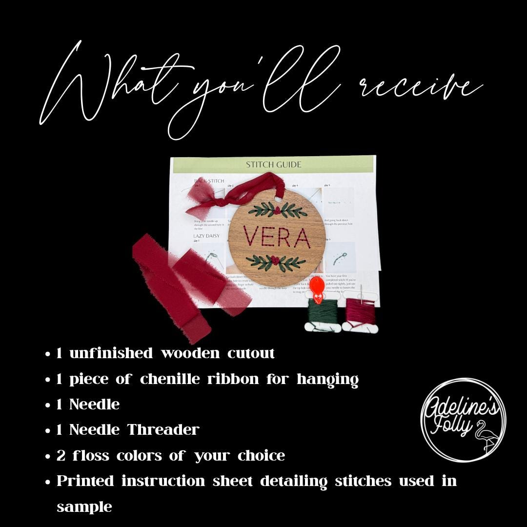 DIY Embroidery Kit | Wood Christmas Ornament | Family Craft Gift | Wreath Swag Greenery