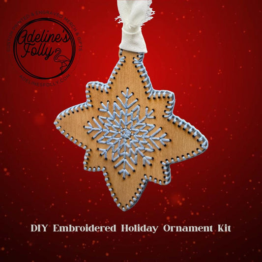 Snowflake #1 Wood DIY Embroidery Kit | 4″ Walnut Snowflake Cutout with Floss + Needle
