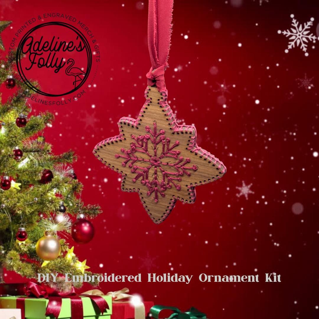 Snowflake #2 Wood DIY Embroidery Kit | 4″ Walnut Snowflake Cutout with Floss + Needle