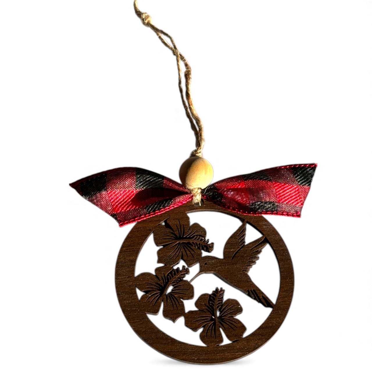 Walnut Hummingbird Ornament – Rustic Hibiscus Flower Christmas Decor