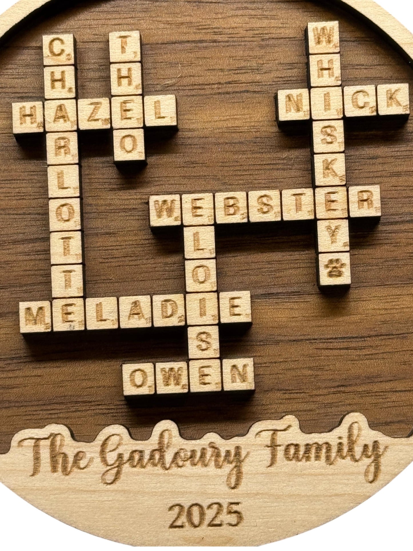 Personalized Family Crossword Ornament – Walnut & Maple Wood, Custom Names + Year