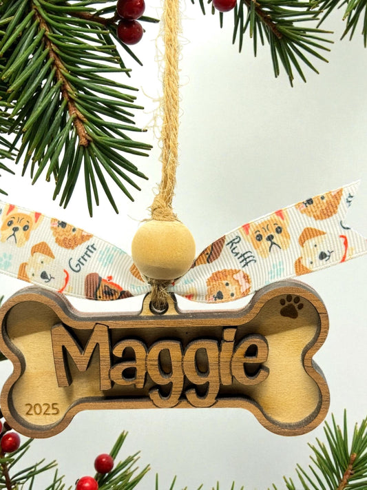 Personalized Dog Bone Ornament – Maple + Walnut Wood, Custom Dog Name & Year