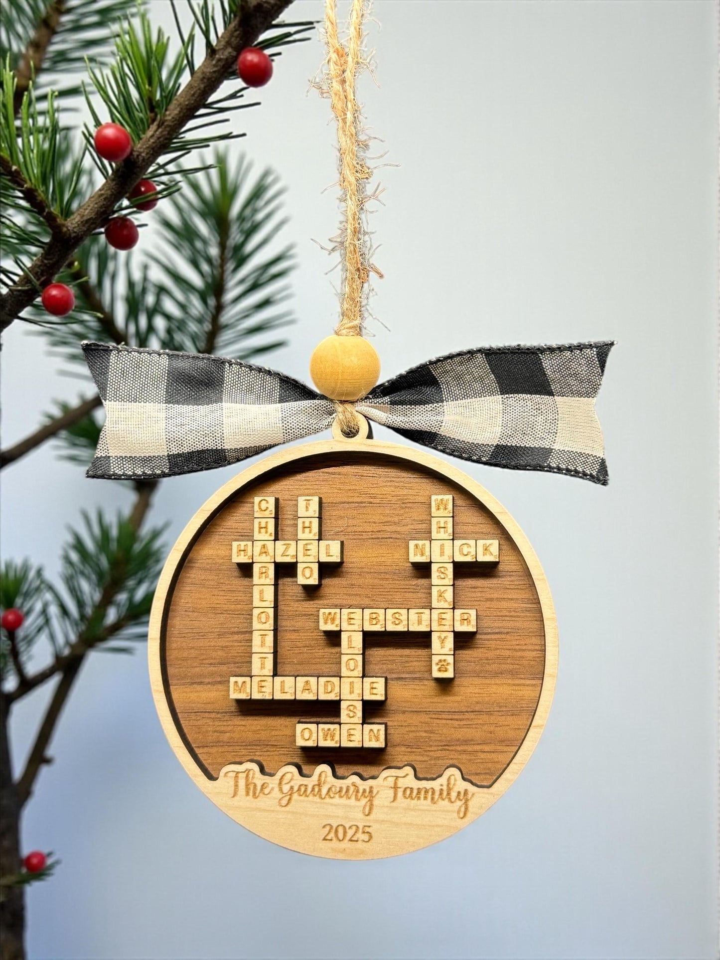 Personalized Family Crossword Ornament – Walnut & Maple Wood, Custom Names + Year