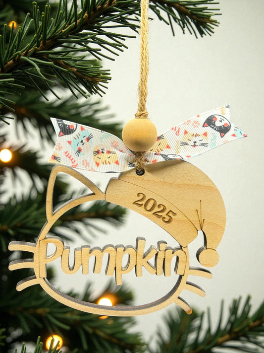 Personalized Cat Ornament – Maple Wood, Custom Name & Year, Santa Hat