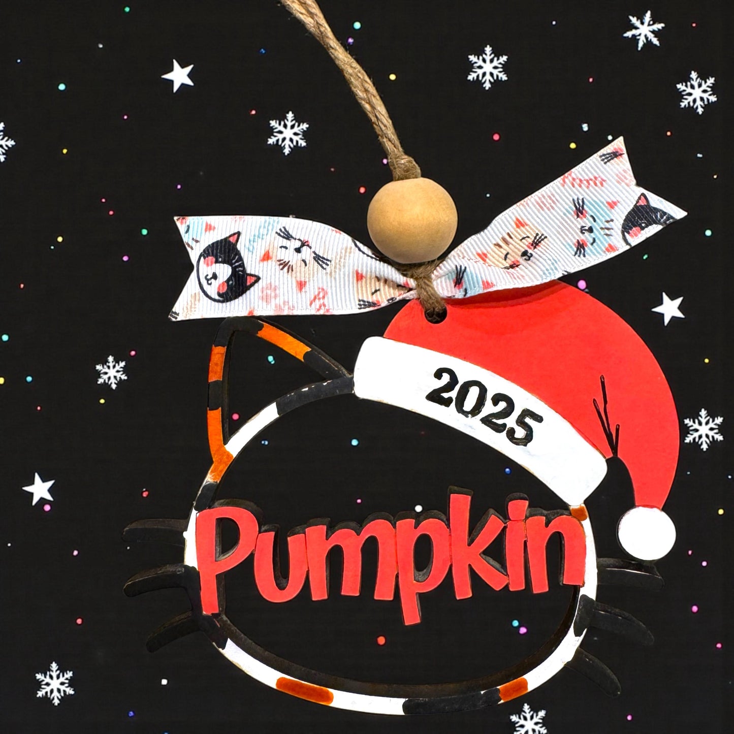 Personalized Cat Ornament – Maple Wood, Custom Name & Year, Santa Hat